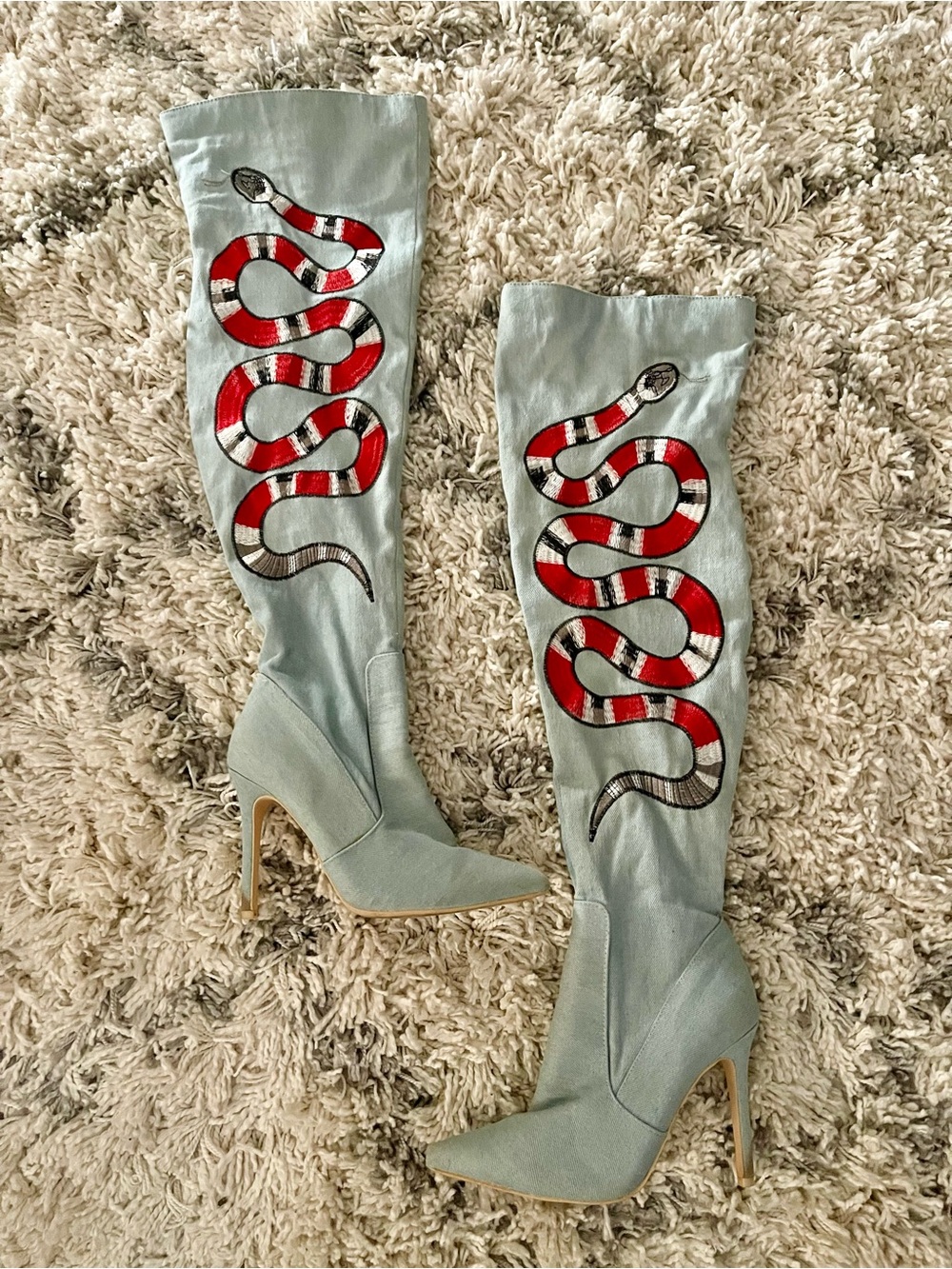 Statement Snake Embroidered Denim Knee High Stiletto Boots